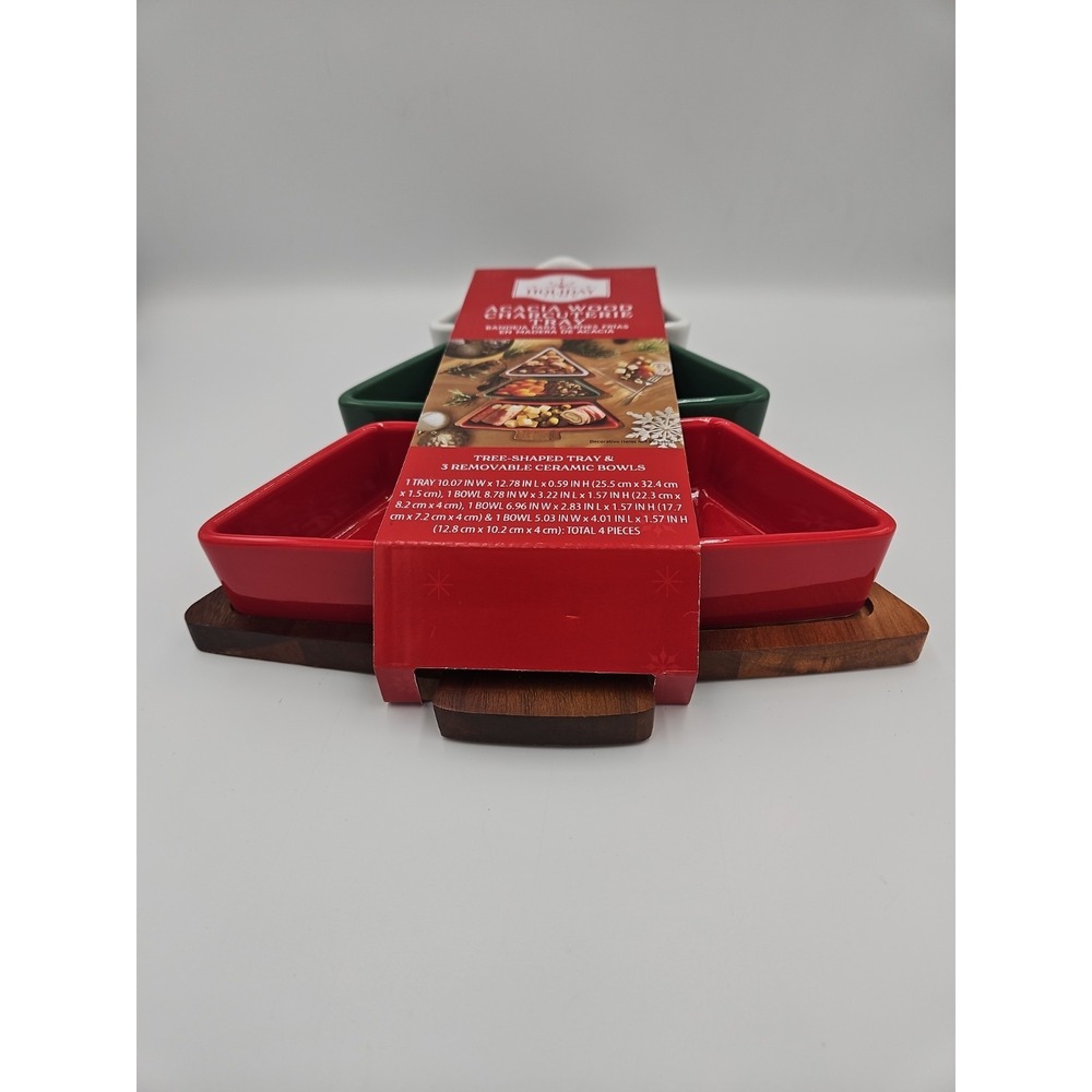 Holiday Time Acacia‎ Wood Christmas Tree Charcuterie Tray with Ceramic Bowls NEW - Picture 2 of 8